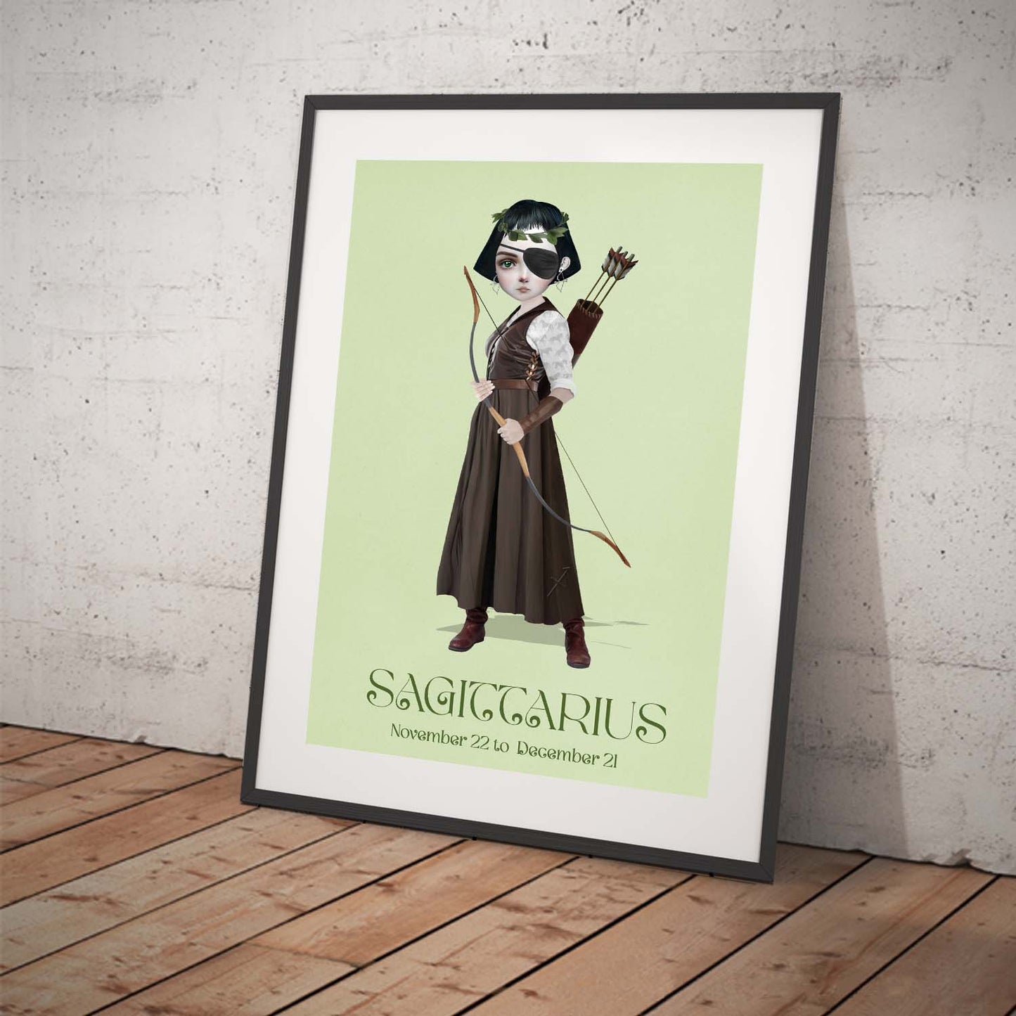 Star sign art print featuring a girl representing Sagittarius. Displayed in a tilted frame for a stylish presentation. Perfect for astrological-themed decor.