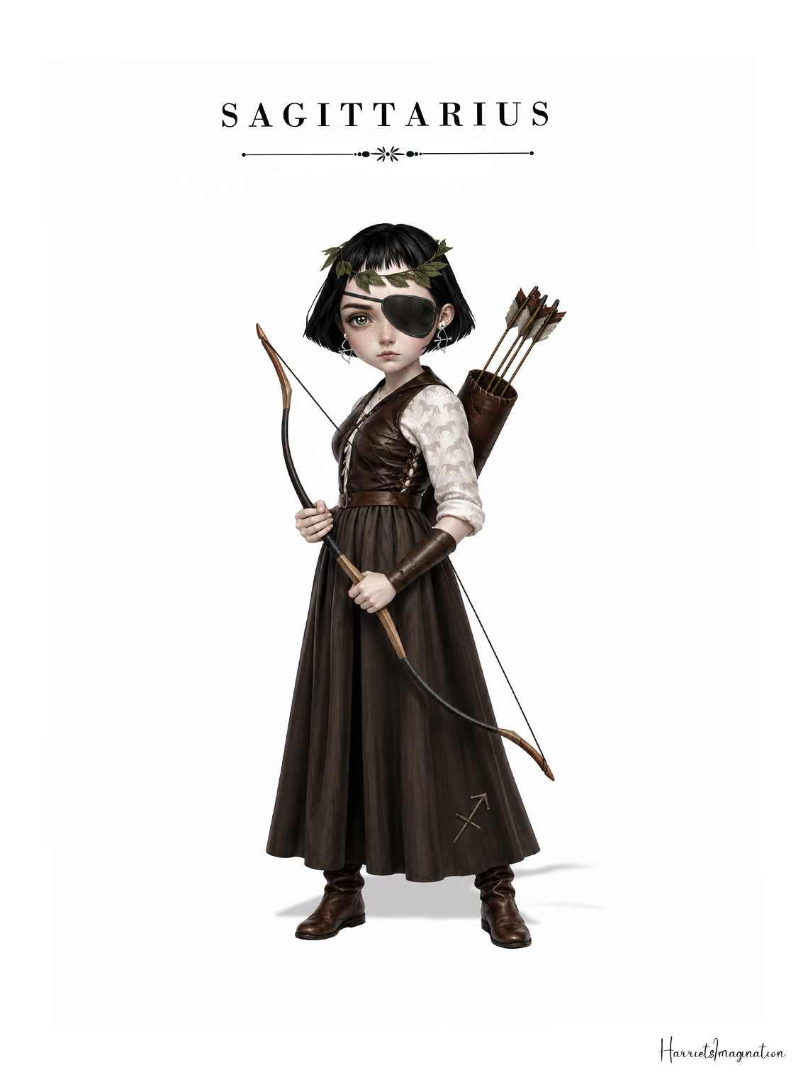 illustration of a short-haired maiden archer with an eyepatch, holding a bow and arrow quiver.