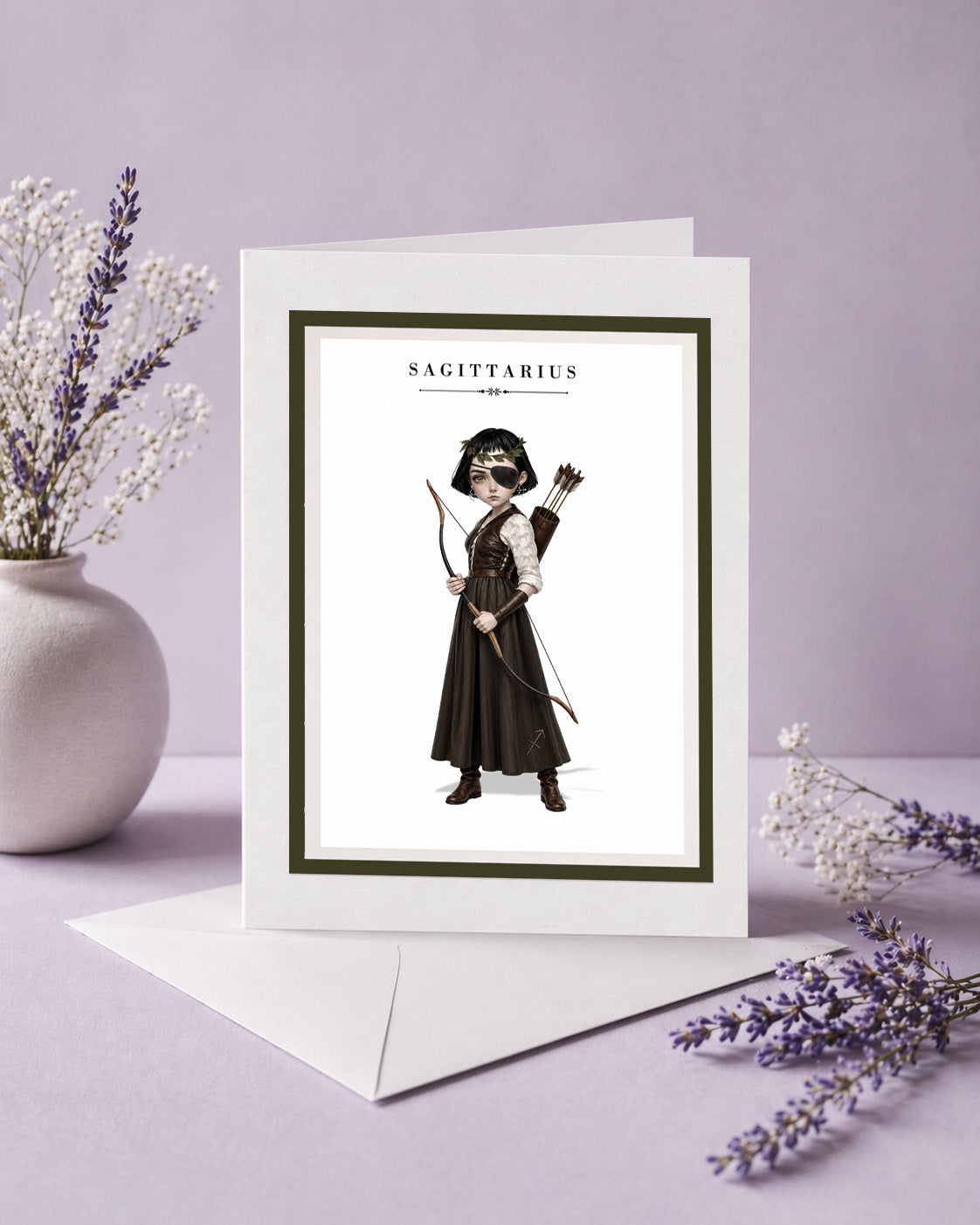 Sagittarius zodiac birthday card featuring an illustration of a short-haired maiden archer with an eyepatch, holding a bow and arrow quiver.