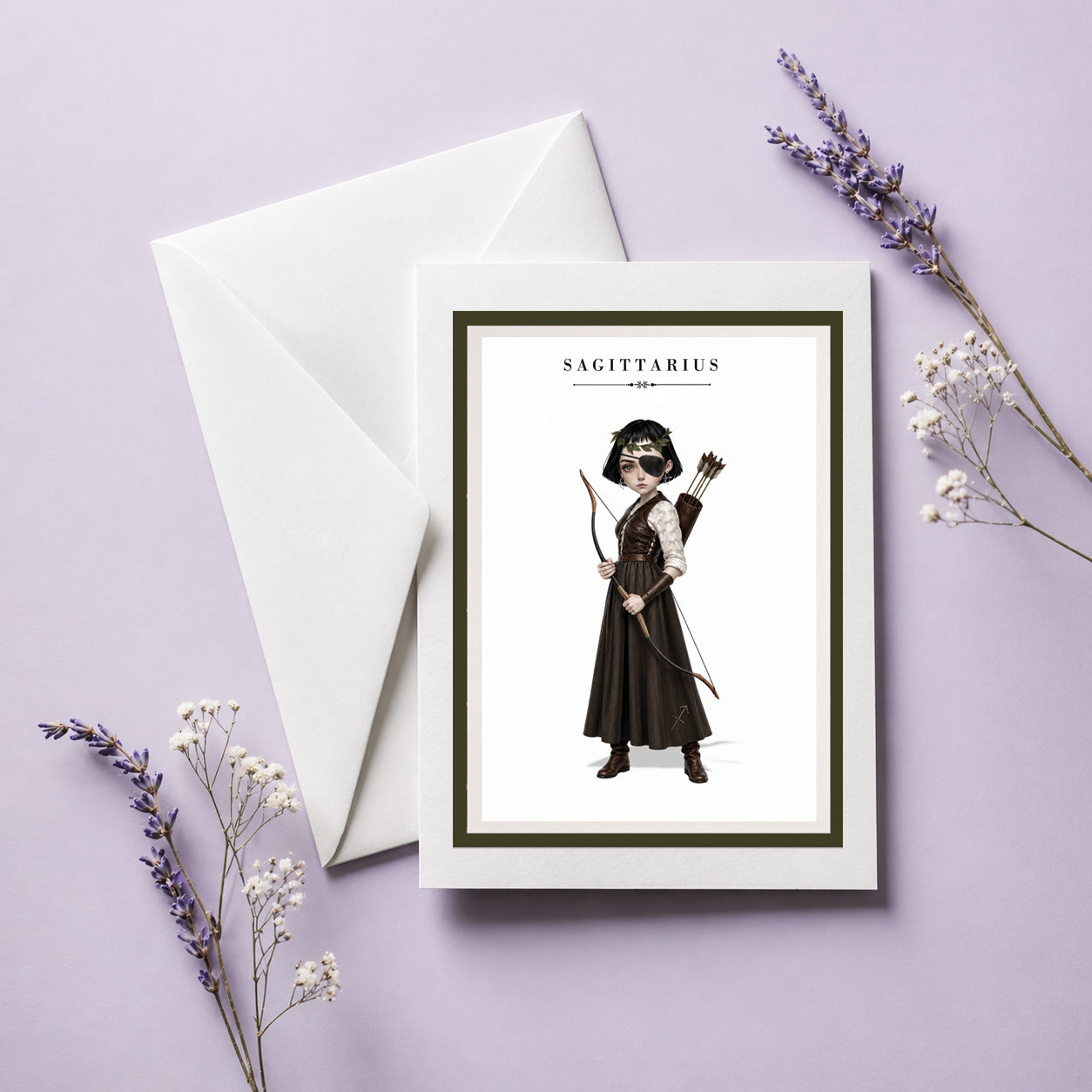 Sagittarius zodiac birthday card and envelope featuring an illustration of a short-haired maiden archer with an eyepatch, holding a bow and arrow quiver.