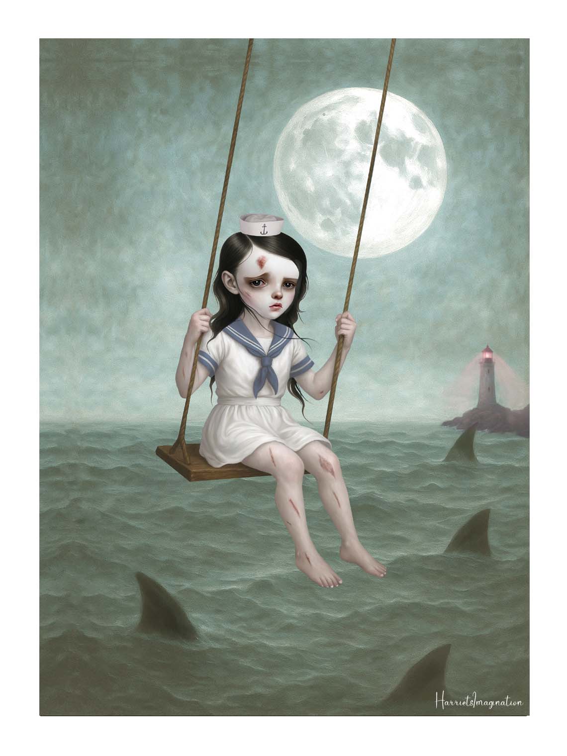Dark surreal sailor girl swinging above shark filled ocean beneath a glowing full moon.