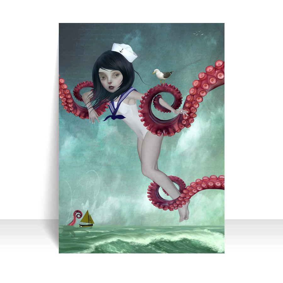 Close-up of sailor girl with tentacles ACEO art card against a white background, highlighting its intricate whimsical details.