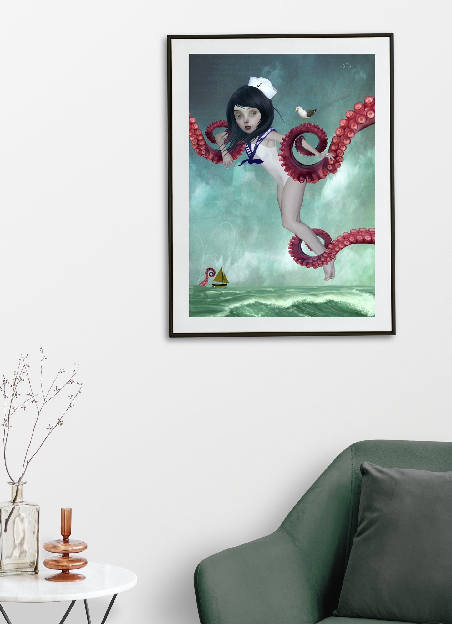 Surreal art print of a sailor girl  surrounded by octopus tentacles, framed in black and hanging on a modern living room wall. This quirky piece adds depth and emotional intensity to any space.