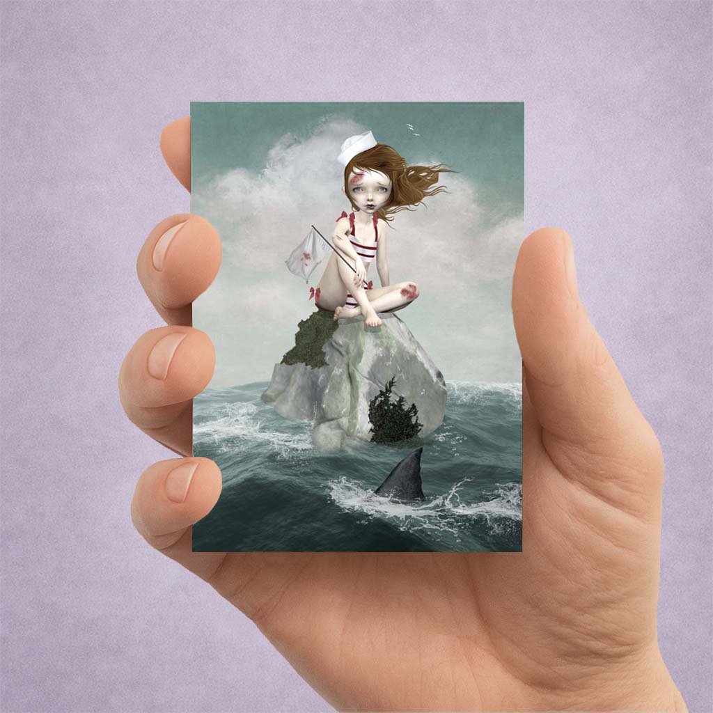 maritime pop surrealism features a wounded sailor girl stranded at sea with shark fin visible.