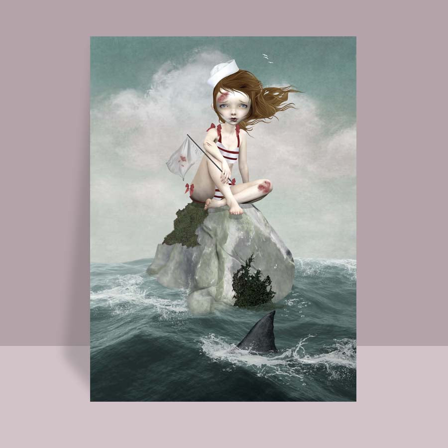 Pop surrealism ACEO art card Features a wounded sailor girl stranded at sea on a rock being circled by a shark.