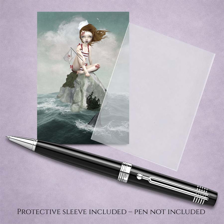 Maritime pop surrealism ACEO art card Featuring a wounded sailor girl stranded at sea. With protective sleeve and pen display.