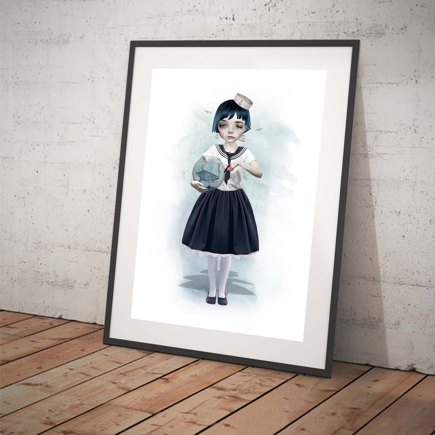 Pop surrealism art, a sailor girl, casually smoking a cigarette, holding a goldfish bowl with a miniature shark swimming inside.
