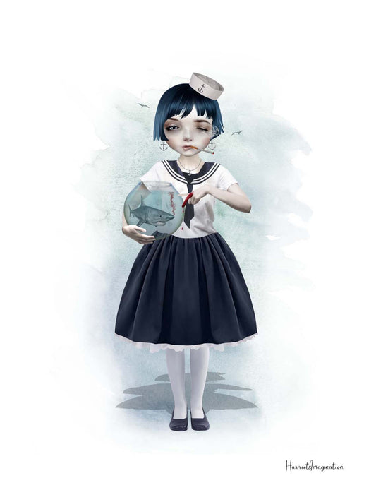 sailor girl, casually smoking a cigarette, holding a goldfish bowl with a miniature shark swimming inside.