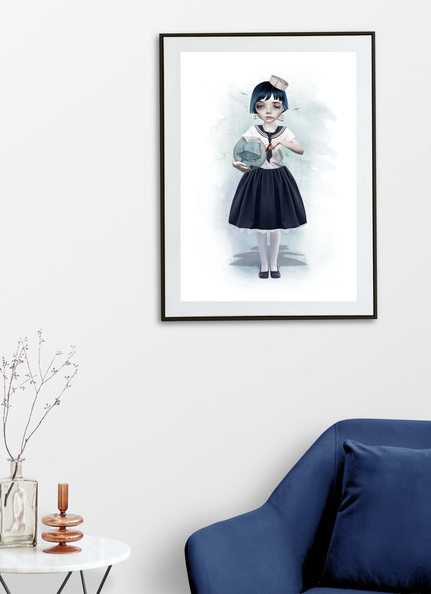 Quirky art print on living room wall, a sailor girl, casually smoking a cigarette, holding a goldfish bowl with a miniature shark swimming inside.