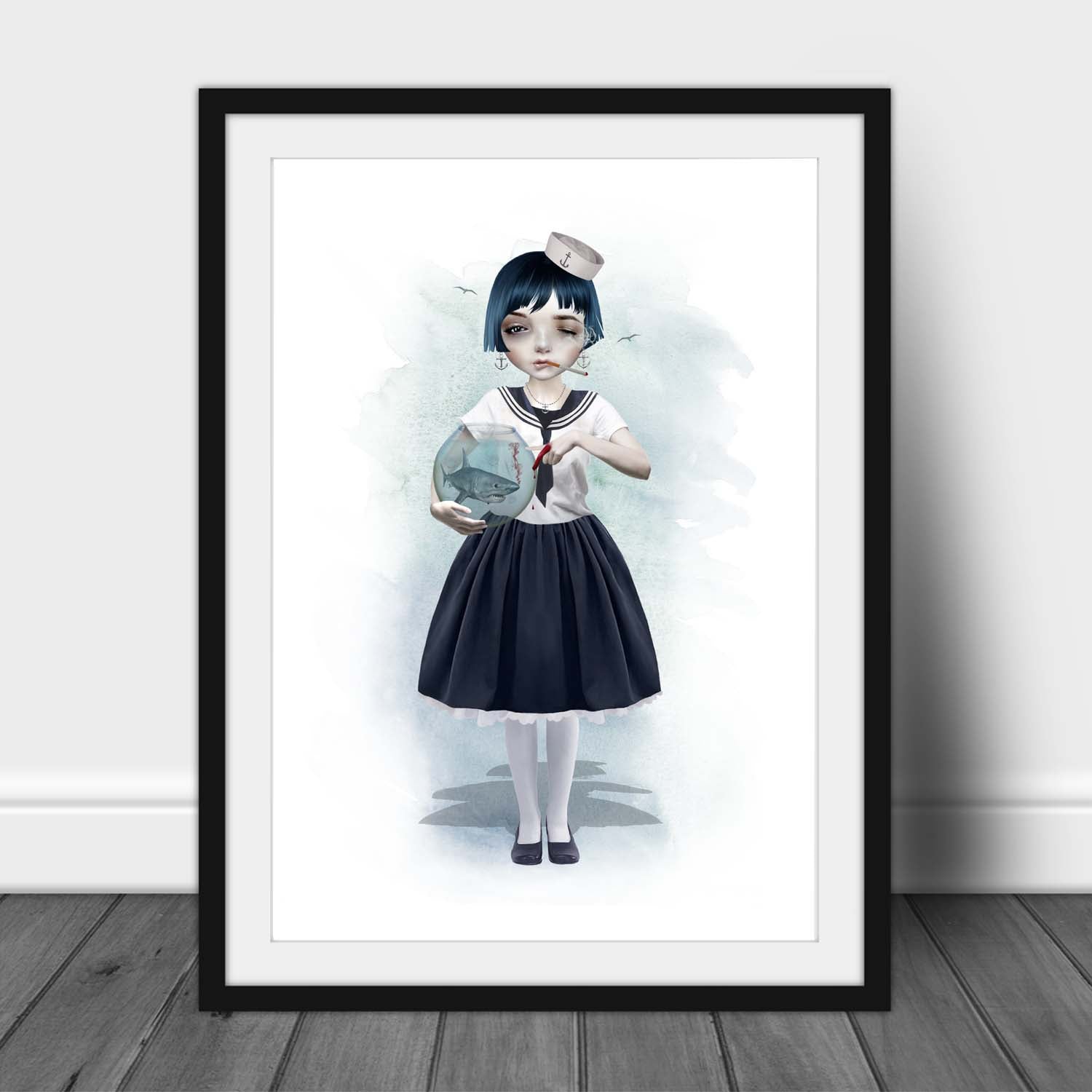 Framed sailor girl, casually smoking a cigarette, holding a goldfish bowl with a miniature shark swimming inside.