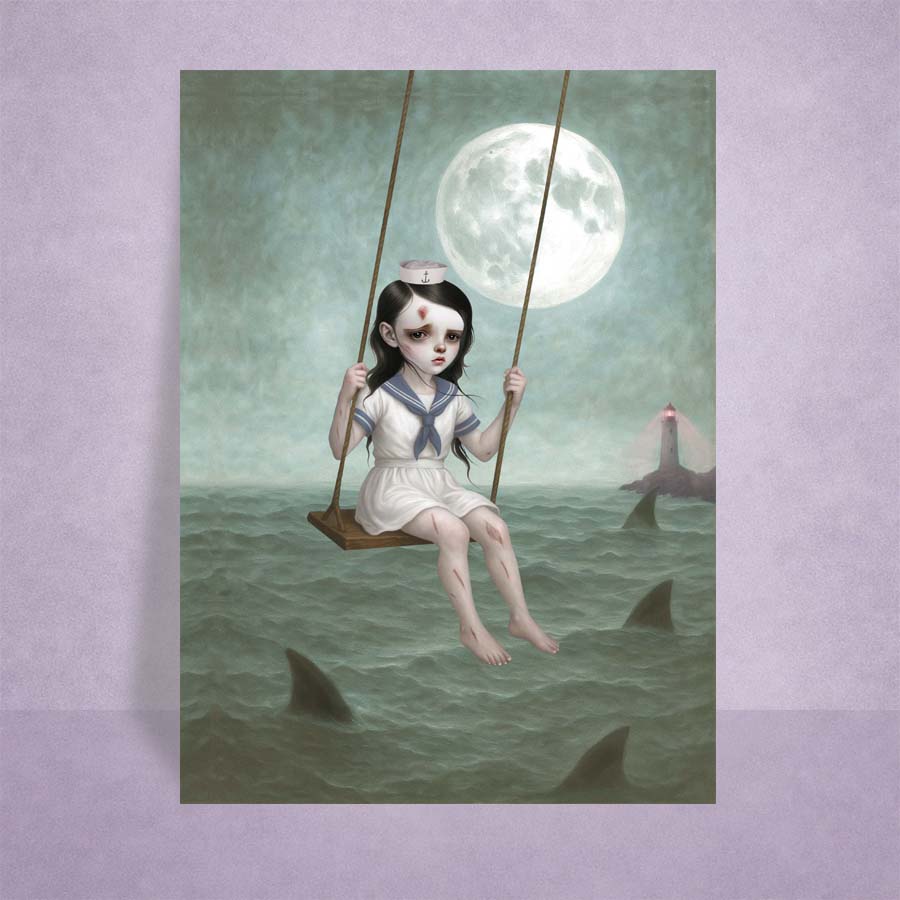 ACEO Illustration of a sailor girl on a swing over water with sharks and a full moon in the background.
