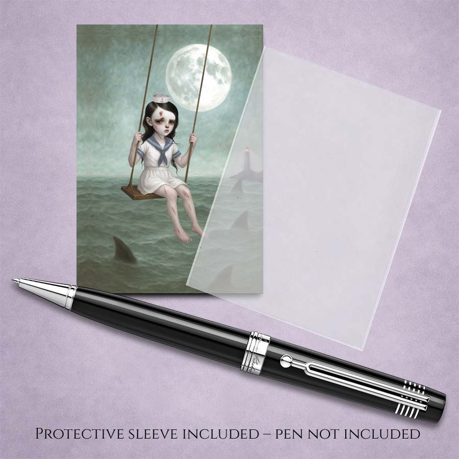 Pen with a protective sleeve on a purple background, featuring an illustration of a sailor girl on a swing over water filled with sharks.