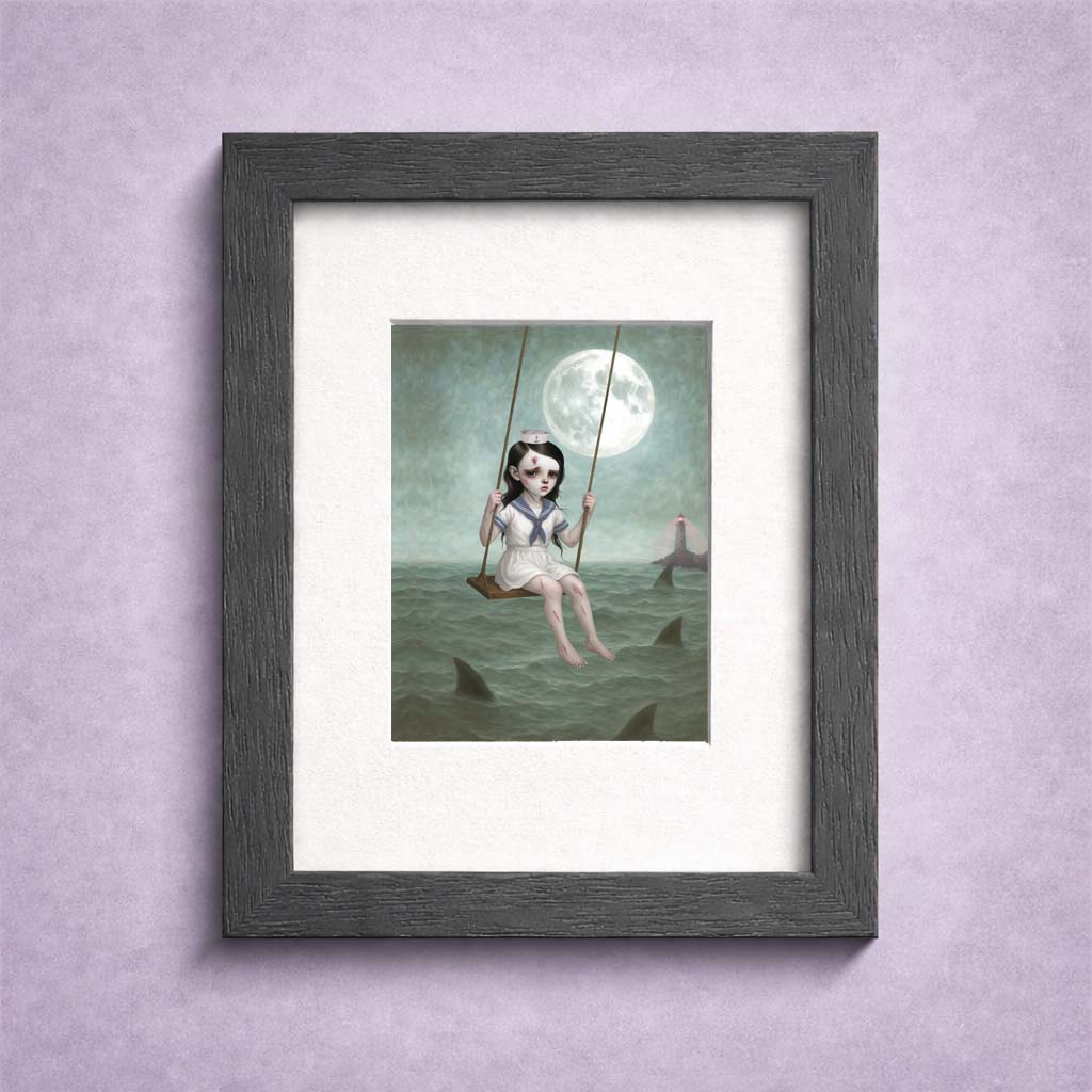 Framed ACEO artwork of a sailor girl on a swing over shark-infested water with a moon in the background.