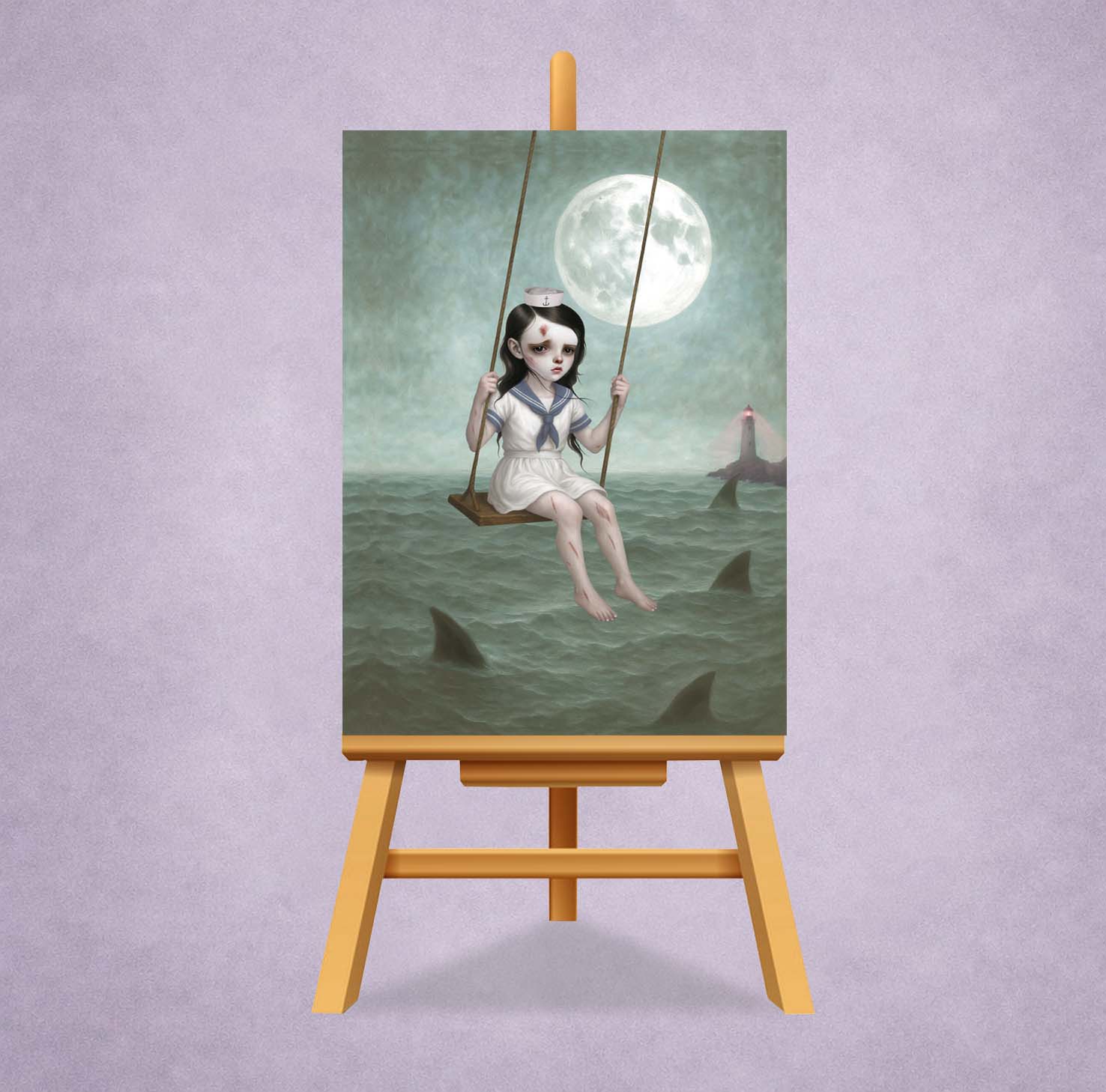 ACEO of a sailor girl on a swing over shark-filled water with a full moon, displayed on an easel against a light purple background.