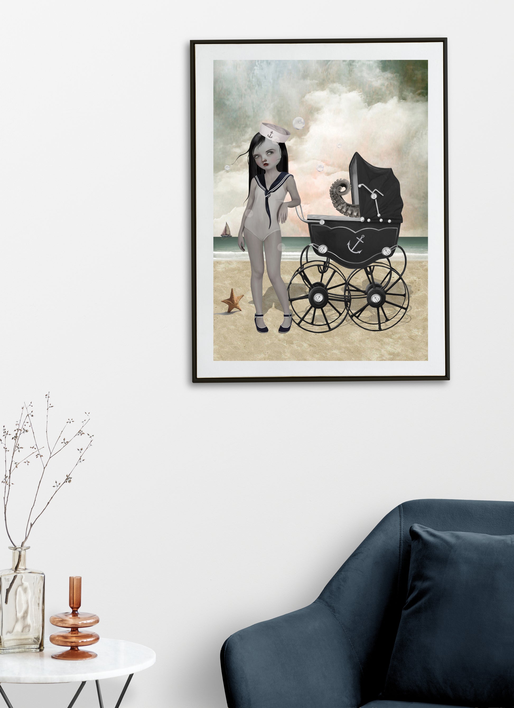Surreal nautical art print hanging on the wall of a modern living room. Perfect for adding a quirky touch to home decor.