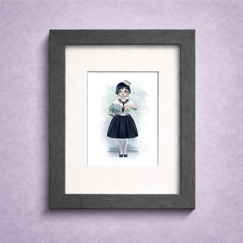 Sailor girl holding a shark in a fishbowl ACEO art card print on display in a small frame.
