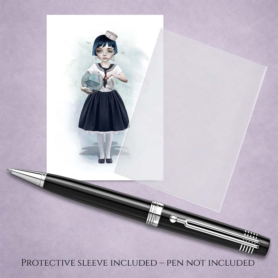 Sailor girl holding a shark in a fishbowl ACEO art card print with cello sleeve and pen for display.