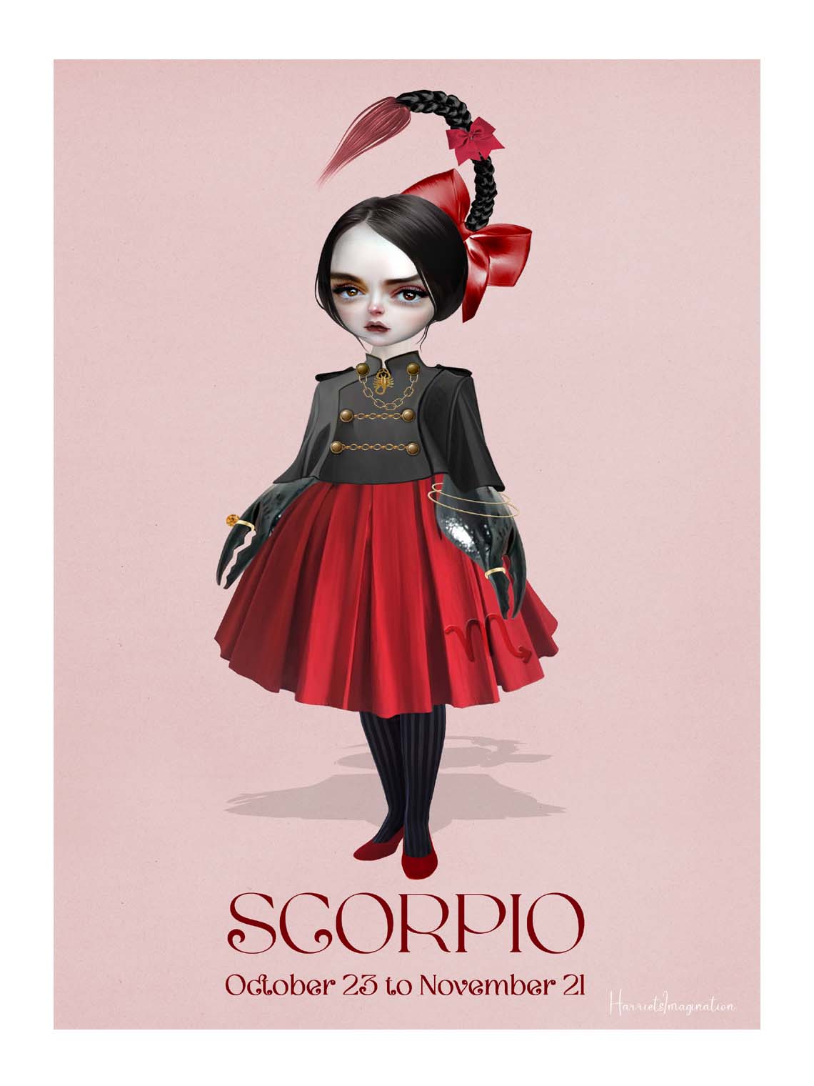 Star sign art print featuring a girl and representing Scorpio, displayed without a frame.