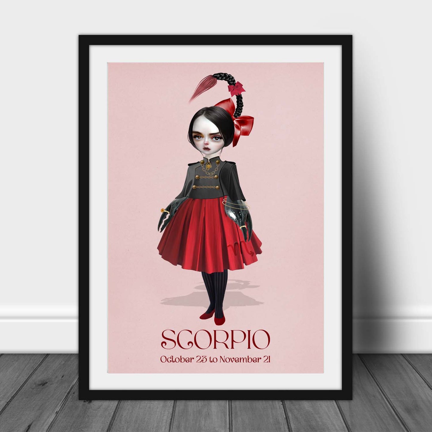 Star sign art print of a scorpio girl, leaning against a wall, creating a astrological atmosphere with surreal elements.