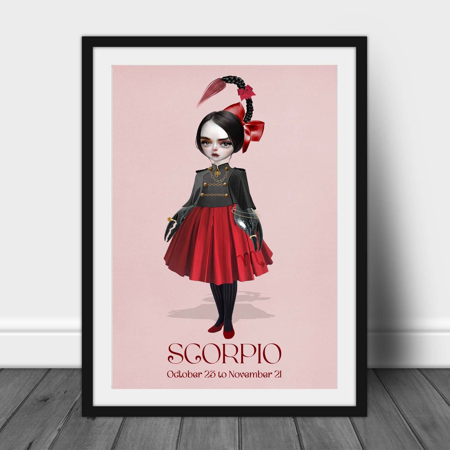 Star sign art print of a scorpio girl, leaning against a wall, creating a astrological atmosphere with surreal elements.