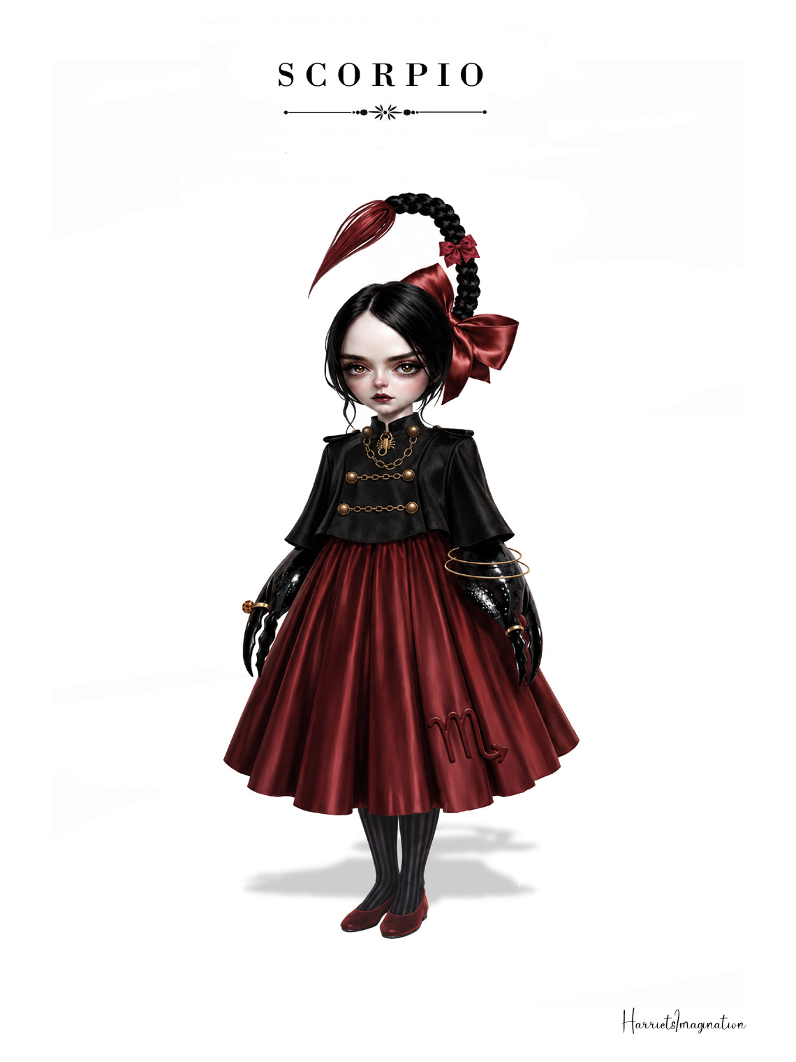 Scorpio featuring an illustration of a gothic maiden with dark hair styled into a scorpion tail braid, wearing a black and deep red dress.