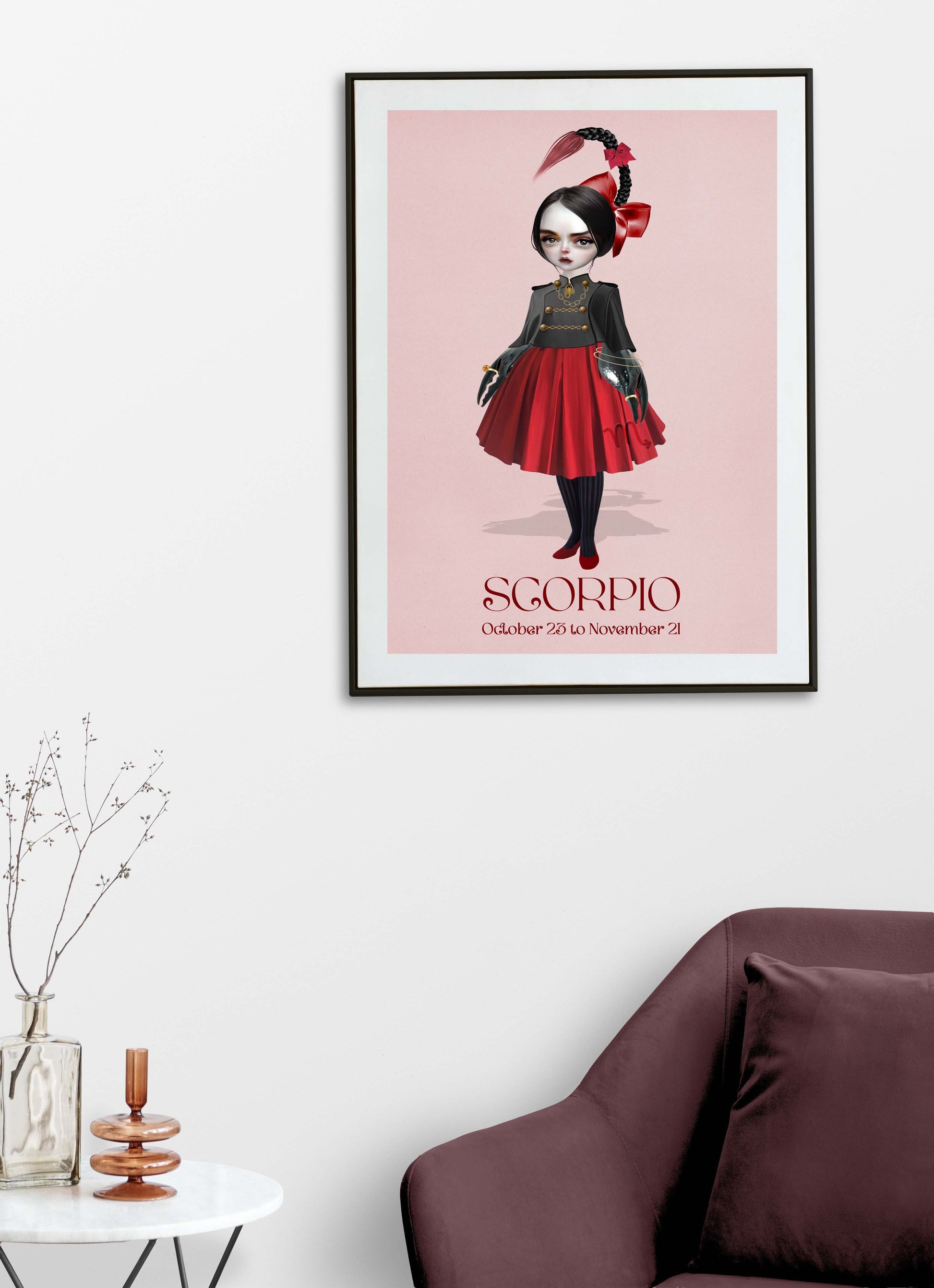 Scorpion girl star sign art print hanging on the wall of a modern living room. Perfect for adding a whimsical touch to your home decor.