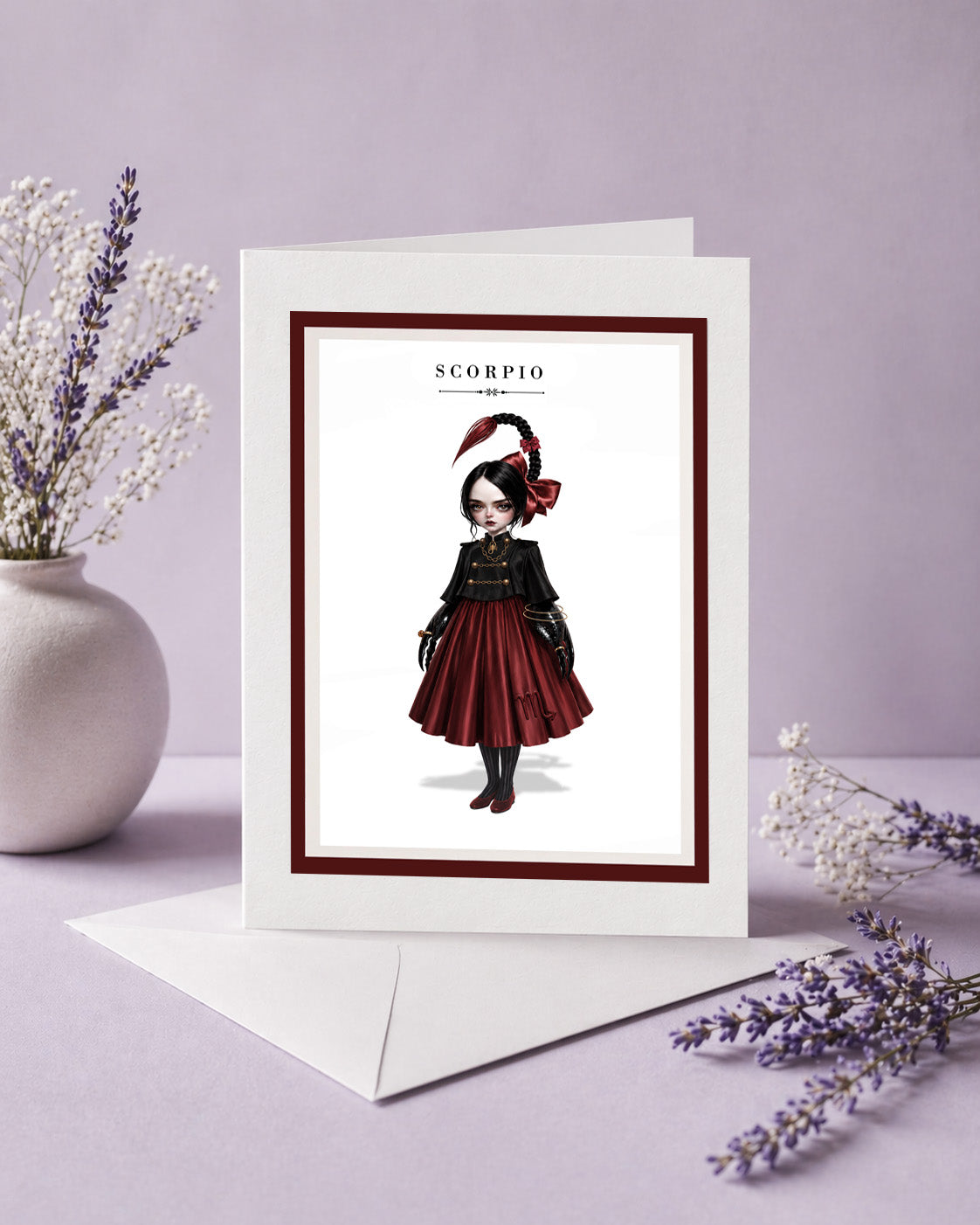 Scorpio zodiac birthday card featuring an illustration of a gothic maiden with dark hair styled into a scorpion tail braid, wearing a black and deep red dress.