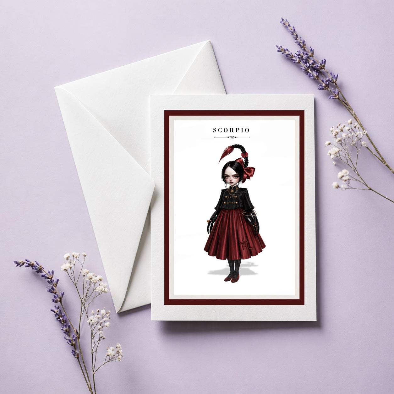 Scorpio zodiac birthday card with envelope featuring an illustration of a gothic maiden with dark hair styled into a scorpion tail braid, wearing a black and deep red dress.