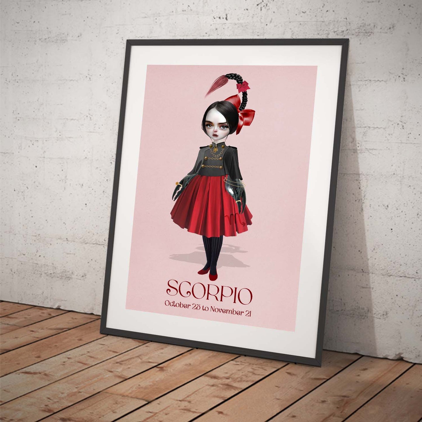 Star sign art print featuring a girl representing Scorpio. Displayed in a tilted frame for a stylish presentation. Perfect for Horoscope-themed decor.