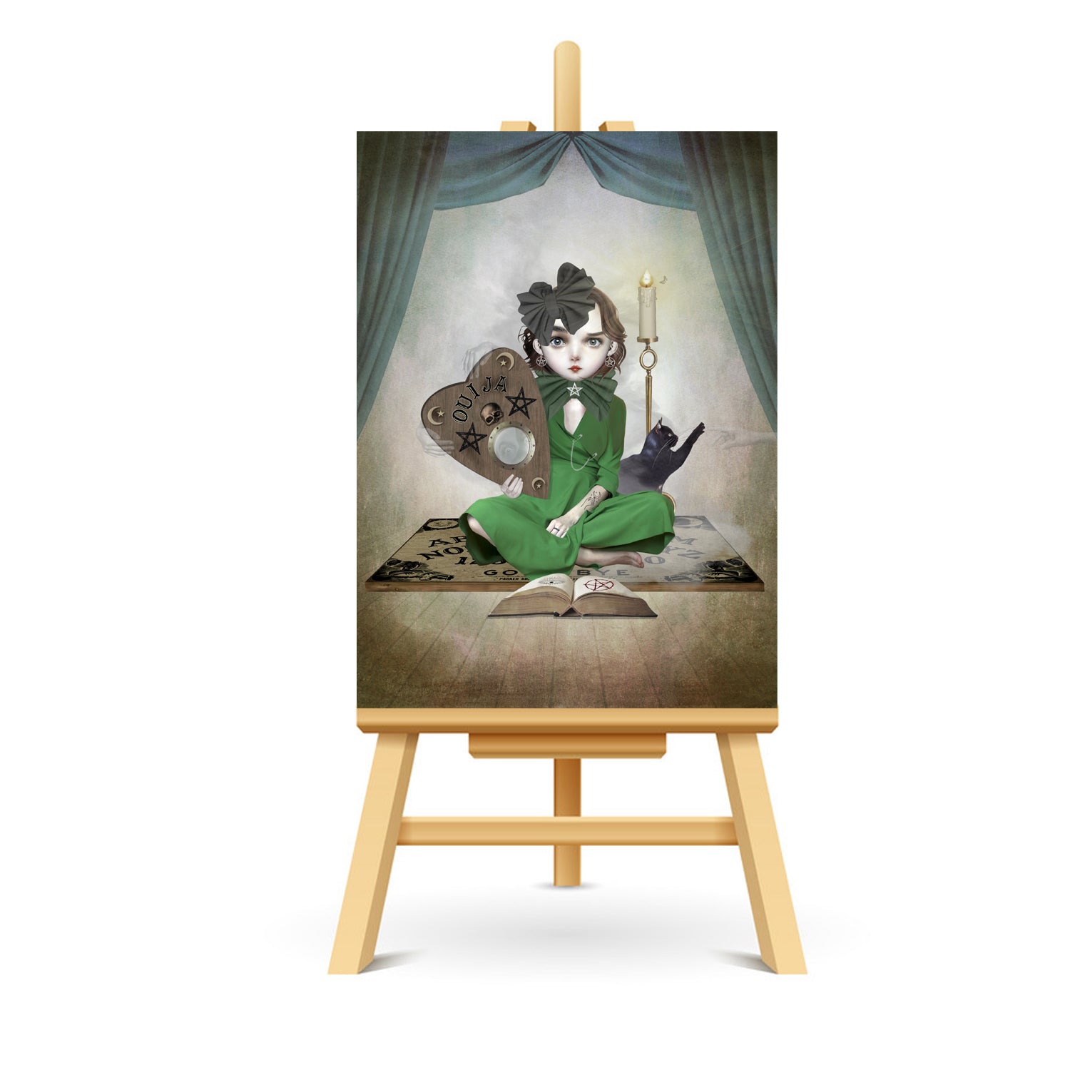 Seance ACEO art displayed on a stand. Creepy cute miniature art print showcasing gothic style.