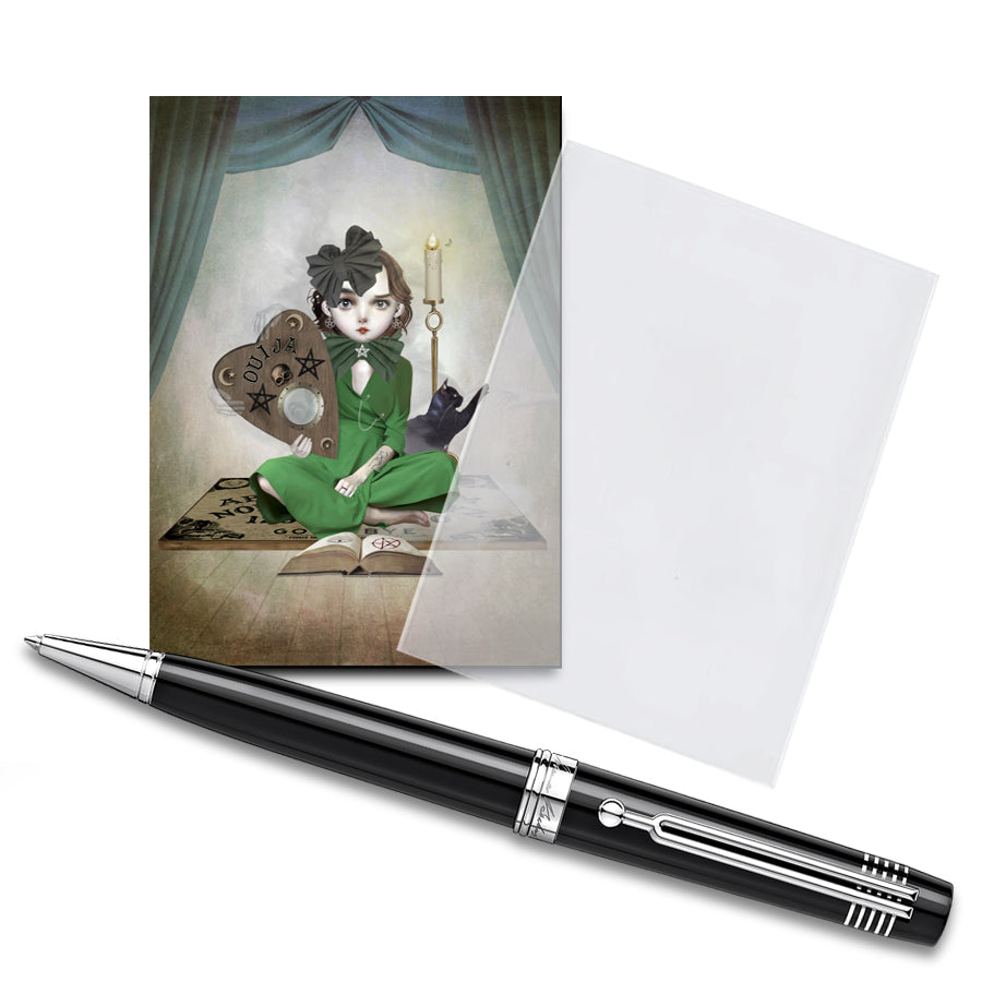 The ACEO card features a seance, displayed in a clear protective sleeve with a pen for size comparison. It showcases creepy, cute artwork.