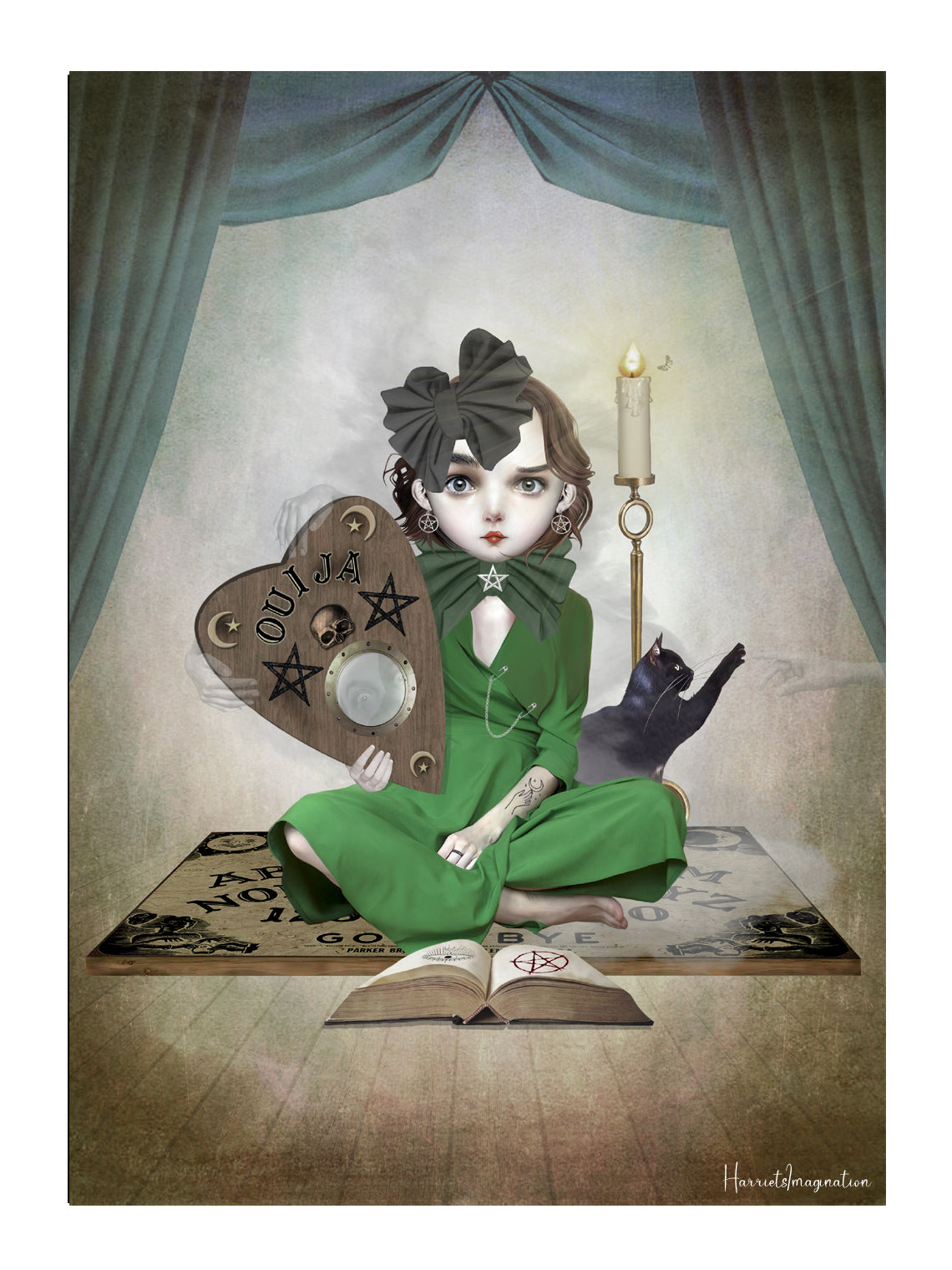 A spooky art print featuring a girl and ouija board, displayed without a frame.
