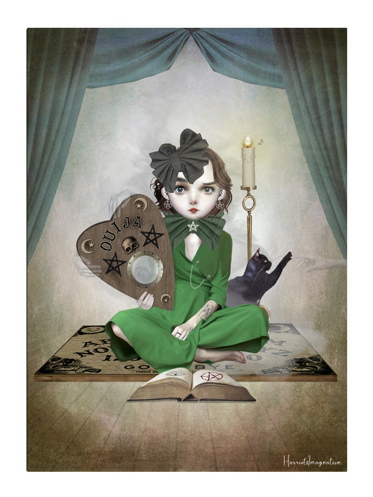 A spooky art print featuring a girl and ouija board, displayed without a frame.