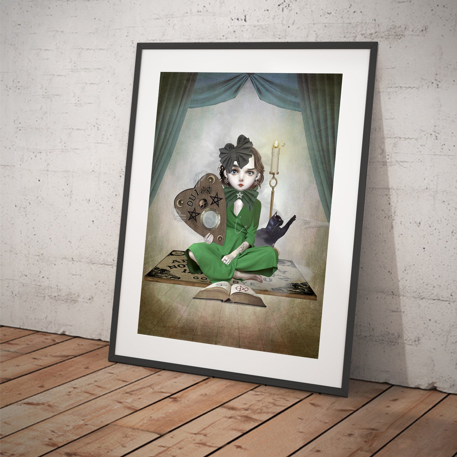 Art print featuring a girl and ouija board. Displayed in a tilted frame for a stylish presentation. Perfect for creepy cute or gothic-themed decor.