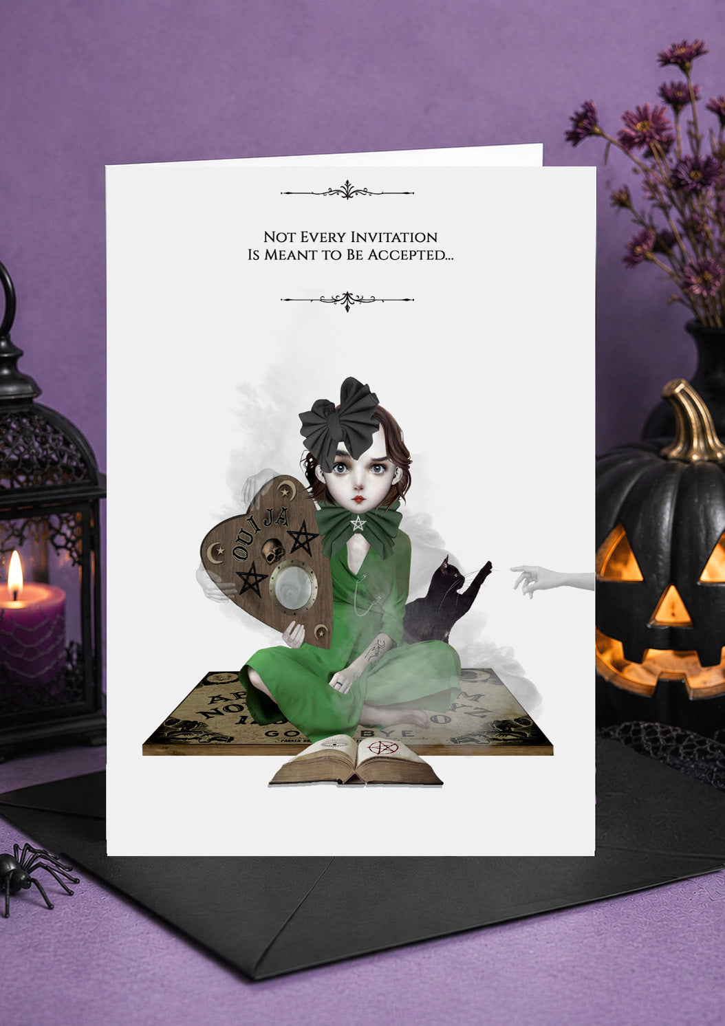 Seance gothic 5x7 card, girl with Ouija board and spirit reaching from beyond