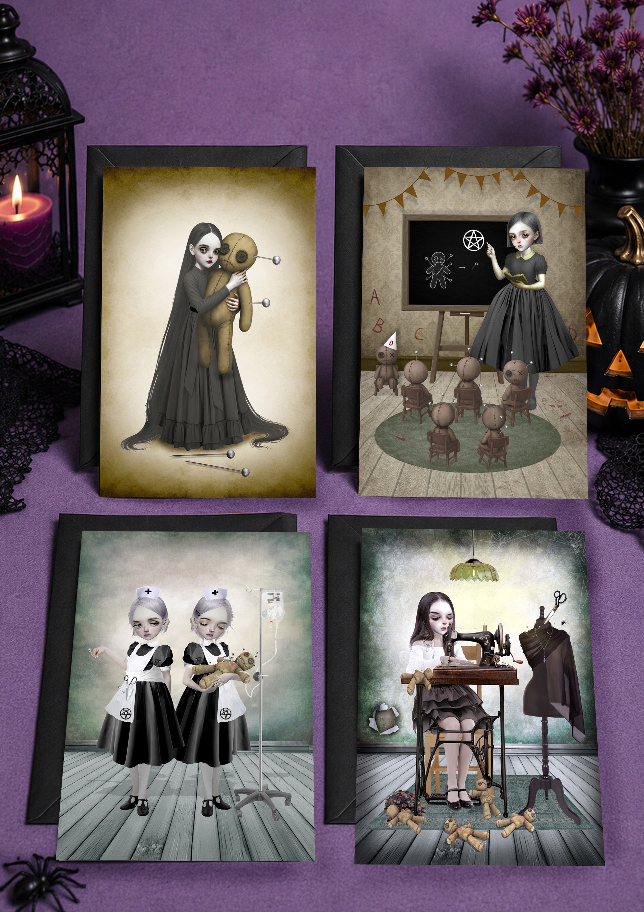 Set of 4 glossy 5x7 voodoo doll gothic girl alternative Halloween cards paired with black envelopes.