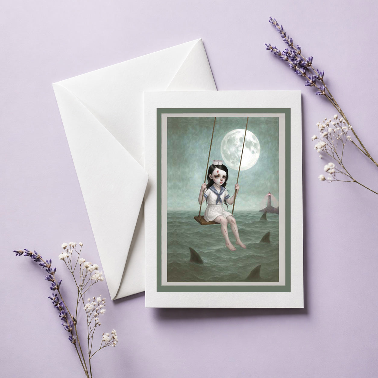 Greeting card with a sailor girl on a swing over shark infested waters, surrounded by flowers on a purple background
