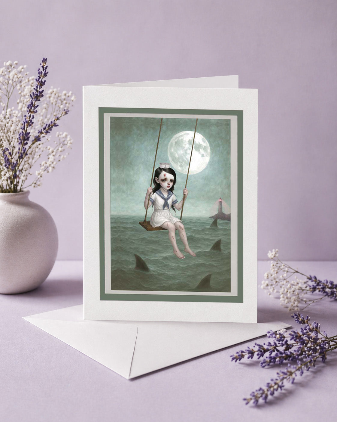 Send a unique note with this shark infested water art greeting card. Blank inside and ready to frame, this whimsical illustration makes a beautiful keepsake.