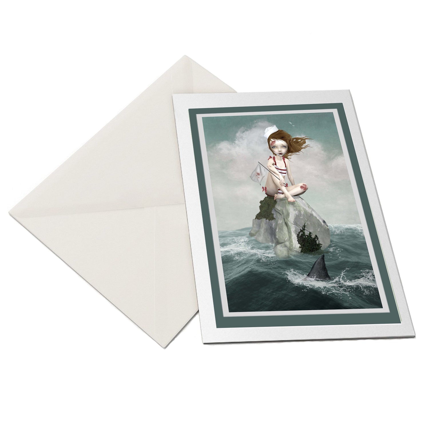 The flat-lay of the Girl in shark infested waters greeting card and matching envelope is ideal for any occasion.
