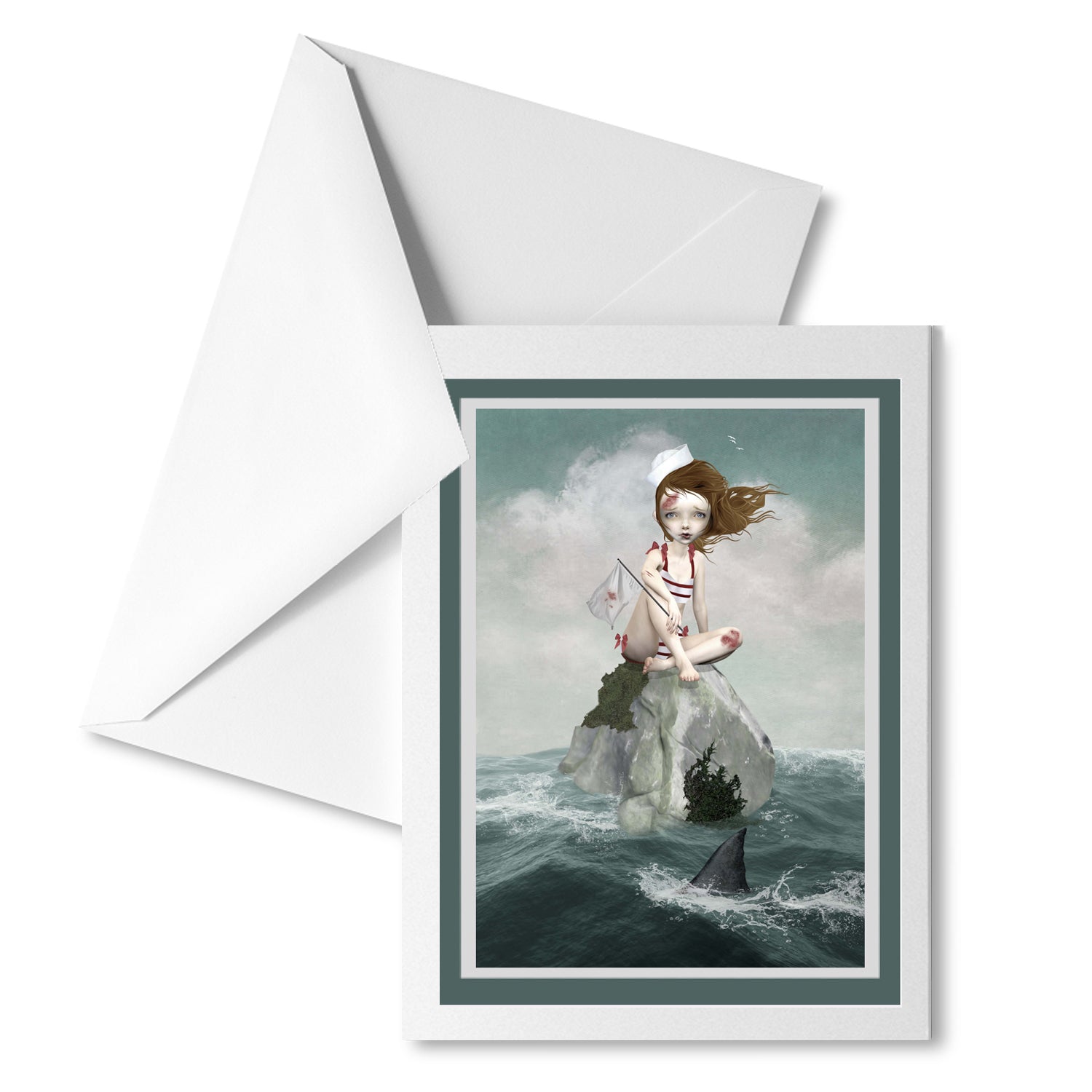 Girl stranded in shark infested waters greeting card with matching envelope, perfect for sending a whimsical message.
