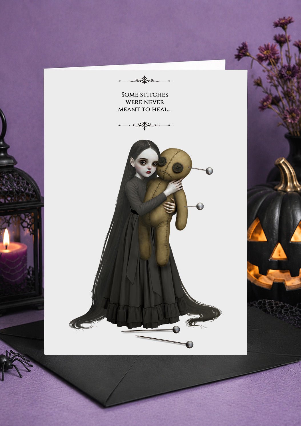 She Loved It To Death gothic 5x7 card, pale girl holding voodoo doll with pins