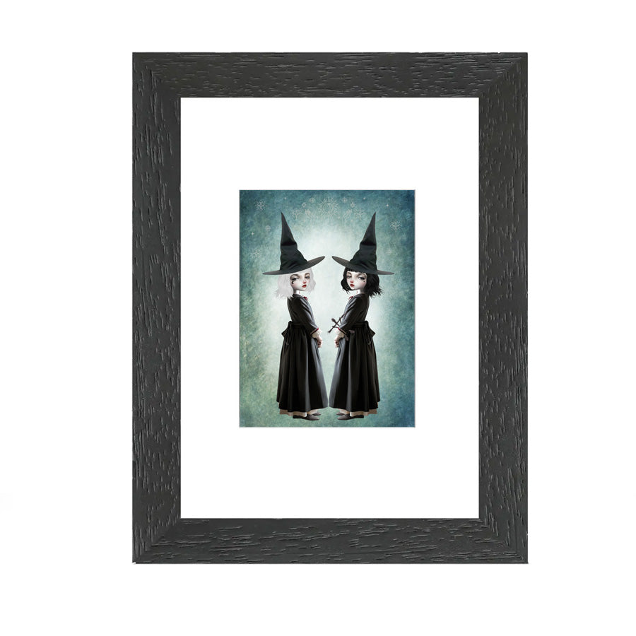 Framed ACEO Featuring two sister witches with unique personalities, one with a twynas