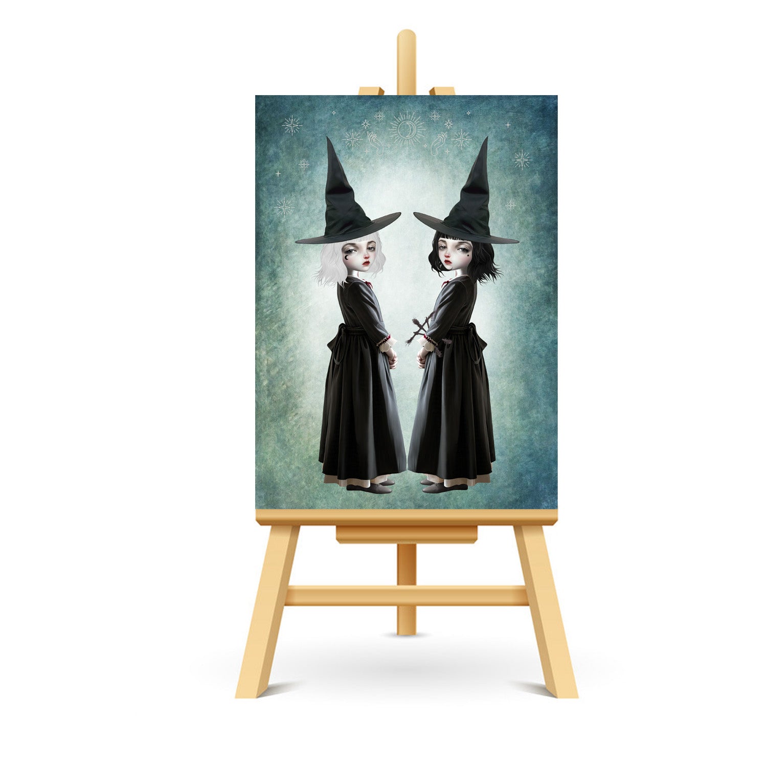  ACEO Artist Trading Card. Featuring two sister witches with unique personalities, one with a twynas