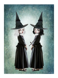 Dark cottagecore fine art print featuring twin gothic witches with white and black hair wearing pointed hats, set against a celestial teal background.