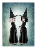 Dark cottagecore fine art print featuring twin gothic witches with white and black hair wearing pointed hats, set against a celestial teal background.