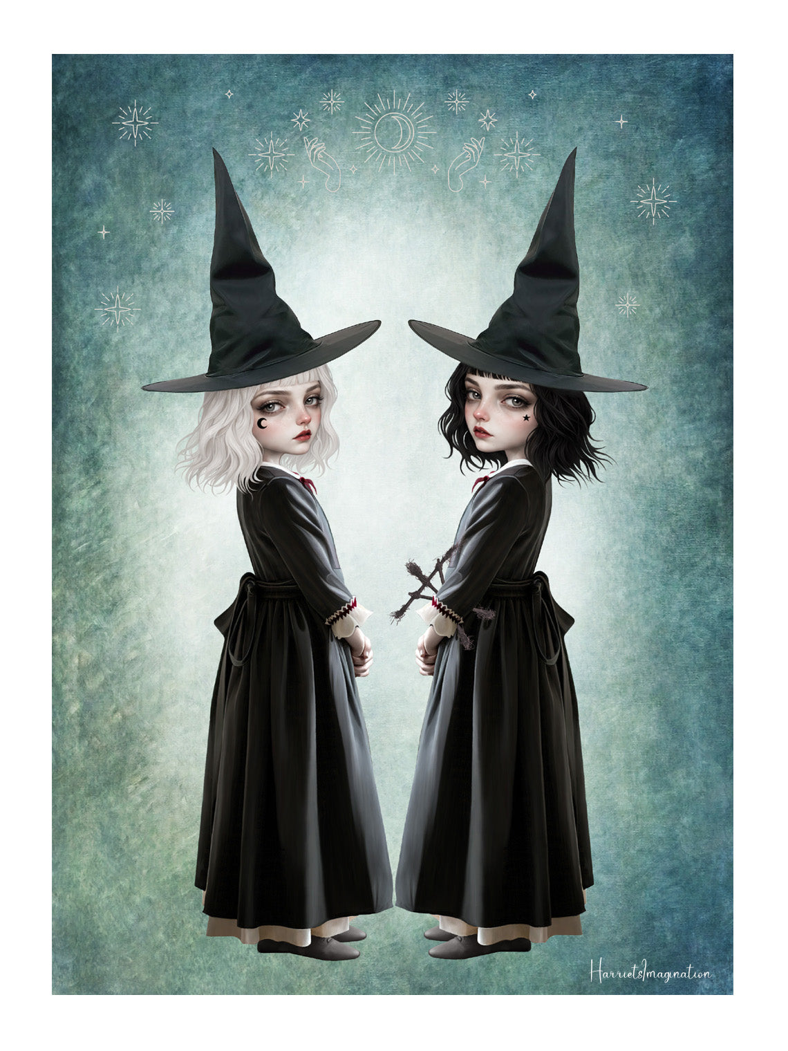 Dark cottagecore fine art print featuring twin gothic witches with white and black hair wearing pointed hats, set against a celestial teal background.