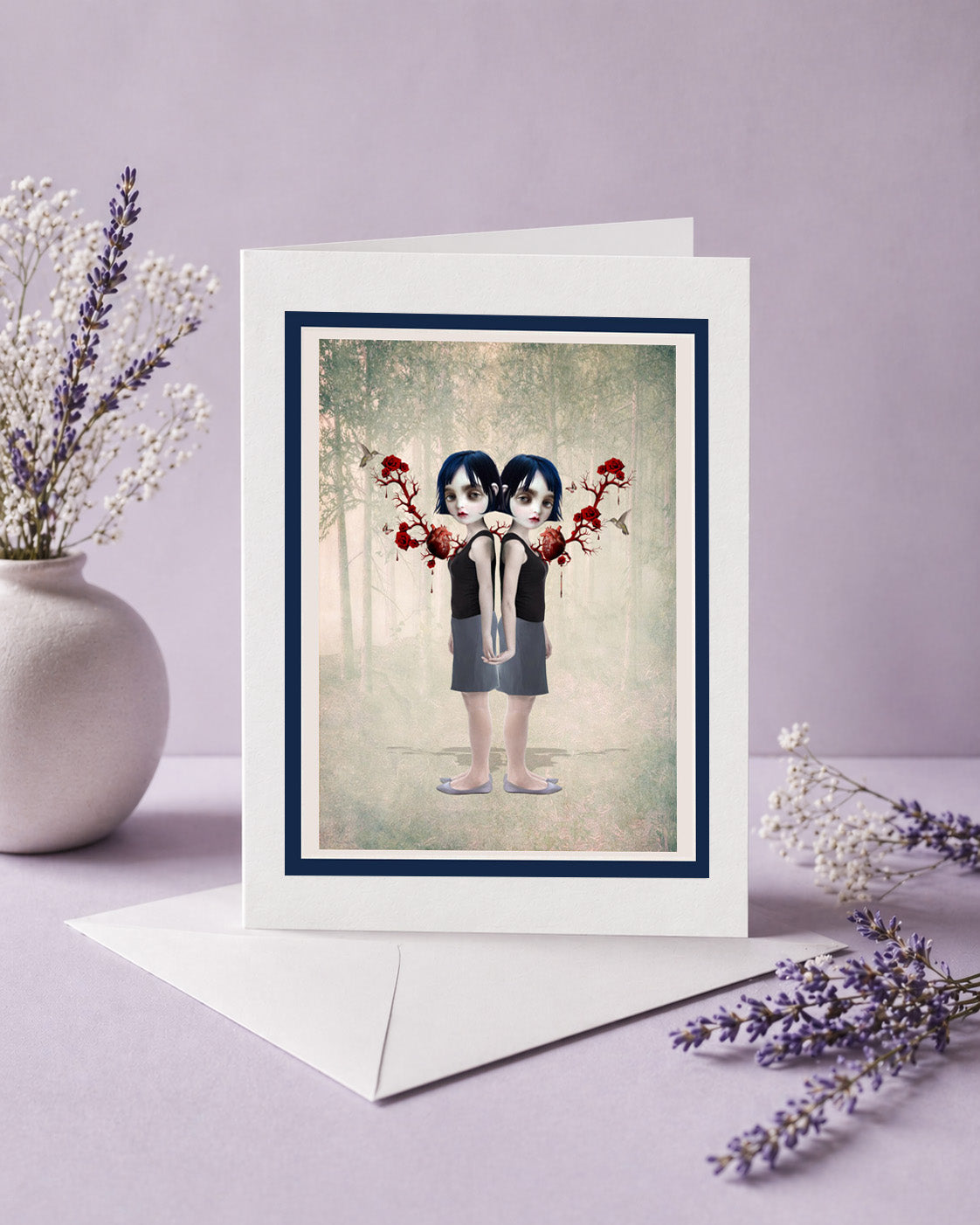 surreal sister bond greeting card features twin girls with rose hearts—blank inside and perfectly ready to frame