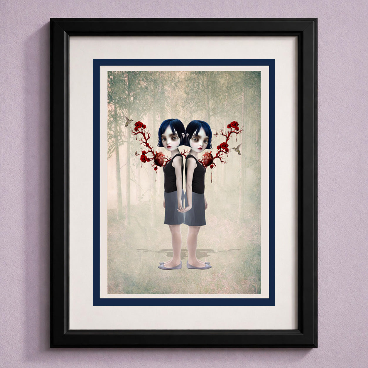 Surreal sister bond greeting card by HarrietsImagination. Features twin girls with rose hearts—blank inside and perfectly ready to frame.