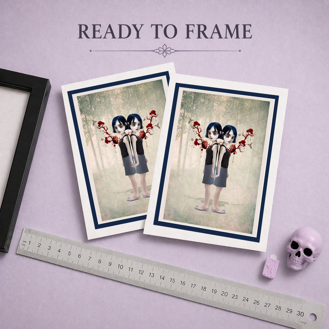 Ready to frame surreal sister bond greeting card by HarrietsImagination. Features twin girls with rose hearts—blank inside and perfectly ready to frame
