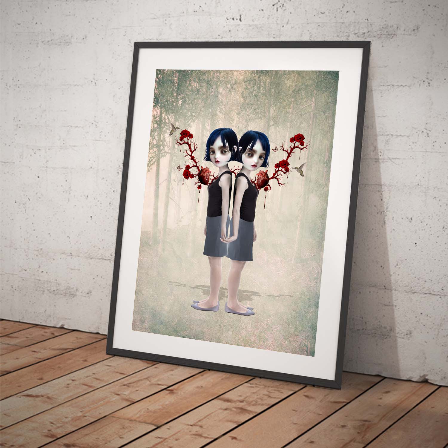 Framed Sisters Art Print tilted for display.